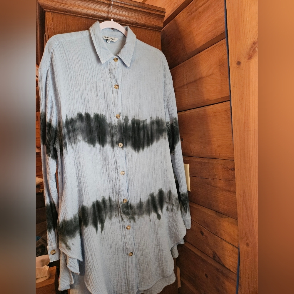 Davi & Dani Blue Tie Dye Button-Up Shirt Dress With Pockets Oversized SMALL